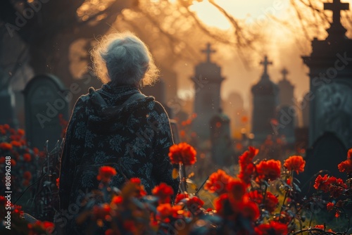 Warm light bathes an elderly person standing amid graves and flowers, evoking contemplation and life's fleeting nature