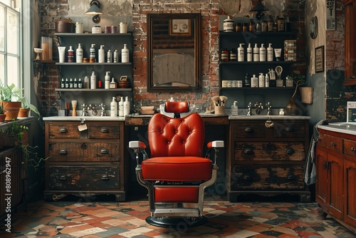 A vibrant red vintage barber chair situated amidst rustic decor, wooden cabinets filled with grooming products