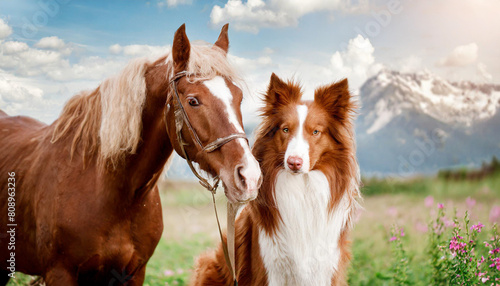Red Border Collie dog and horse.