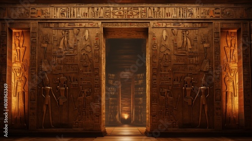 illustration of egyptian wall with hieroglyphs inside the pharaoh's tomb.