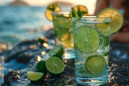 A tall glass of sparkling lime beverage on a rock with fresh limes, amidst blue sea background in golden hour light