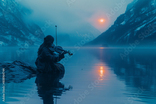 Elderly man plays violin in the rain on a tranquil lake. NA ken, a water spirit, as he plays a haunting melody on his fiddle by a moonlit fjord