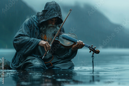 Elderly man plays violin in the rain on a tranquil lake. NA ken, a water spirit, as he plays a haunting melody on his fiddle by a moonlit fjord