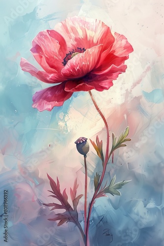 In the soft washes of watercolor, the Poppy flower exudes a sense of drama and passion, its fiery hues and elegant form capturing the essence of nature's untamed beauty.