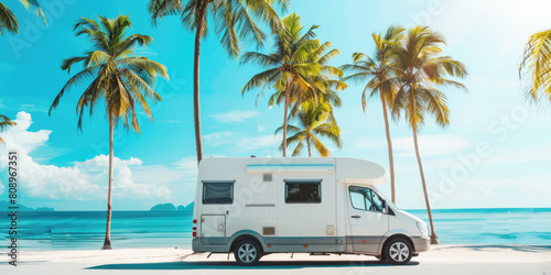 white camper van driving by ocean sea palm beach landscape, concept of traveling with camping trailer truck auto in summer vacation