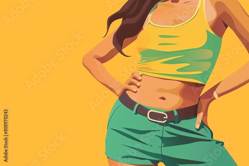 overweight woman touching belly fat closeup on yellow background weight loss concept illustration