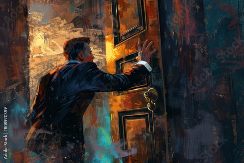 persistent businessman trying to open locked door striving to achieve goal despite restrictions digital painting