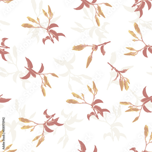 Vintage flower and leaves seamless pattern.Abstract geometric Botanical golden yellow flower ref leaf winter pattern background. 