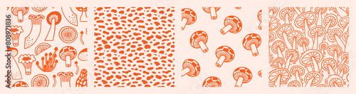 Mushroom seamless pattern set in hand drawn outline style. Cute doodle vector print with strokes, blobs and mushrooms. Collection of trendy neutral backgrounds.