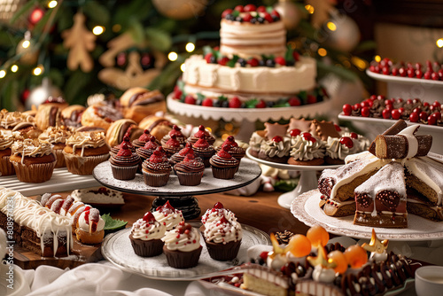 Festive Feast: A Table of Holiday Desserts. A sumptuous spread of holiday desserts with a festive backdrop, ready to celebrate the season.