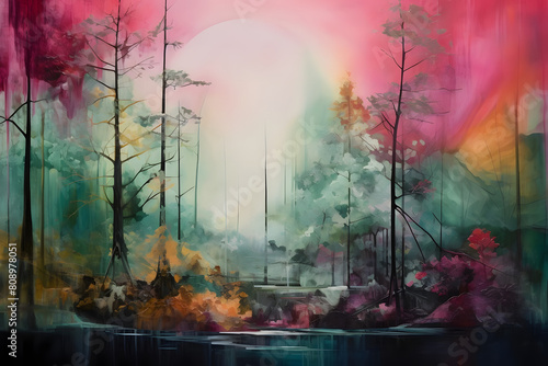 dreamy forest nestled in farmhouse. abstract landscape painting, generative ai