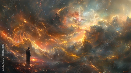 An ambassador speaking at a cosmic summit in a majestic space landscape with swirling nebulae and stars