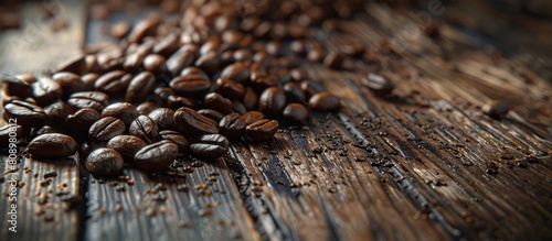 Handful of fragrant coffee beans spilled onto a rustic pine table the irregular grains and knots of the wood contrasting with the smooth glossy beans