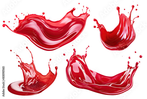 Set of red splashes of a liquid similar to red berry jam, juice or punch, cut out
