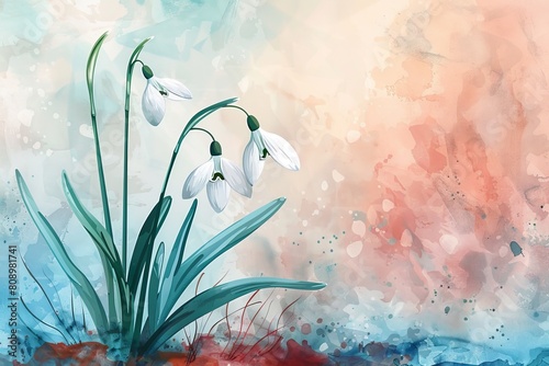 Gently portrayed in watercolor, the Snowdrop flower emerges with its delicate, drooping blossoms in shades of white and green, a symbol of purity and the promise of spring's arrival.