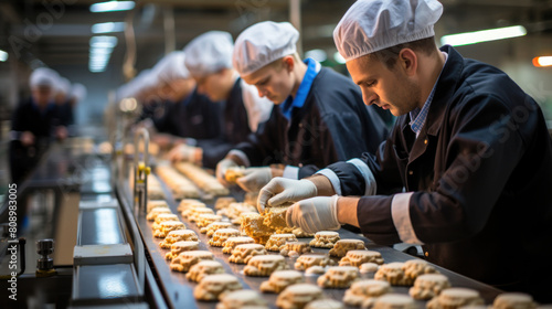 Workers in Factory Uniforms Sorting Biscuits on Conveyor Belt, Focused Food Production
