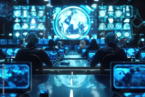 Scifi concept of global election monitored by AI overseers from a hightech command center