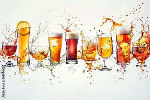 spiraling splashes of tea beer whiskey wine and coffee alcoholic and nonalcoholic drink ad illustration