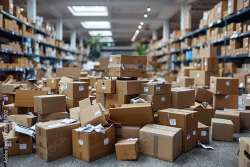 An overwhelming scene of cardboard boxes chaotically piled and scattered in a warehouse