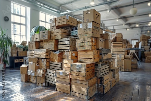 A collection of old, distressed wooden crates stacked haphazardly in an aged, rustic warehouse setting
