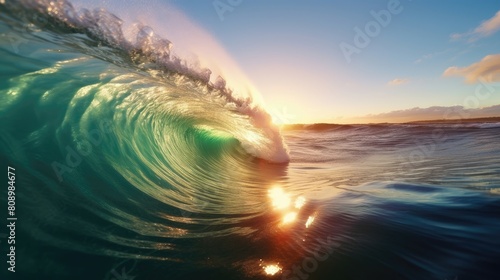 turquoise tropical rolling sea wave with sunset view