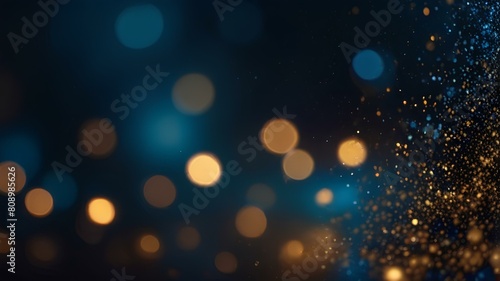Abstract background of bokeh golden and blue lights far away with black background