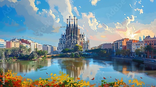 Oil painting on canvas, Basilica of the Sagrada Familia in Barcelona, ​​Spain