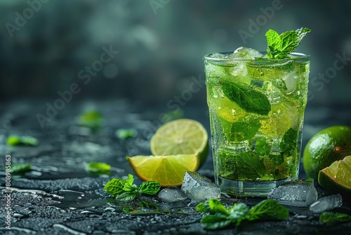 A captivating close-up shot of an iced mojito with lime slices, mint, and a cool moisture feel