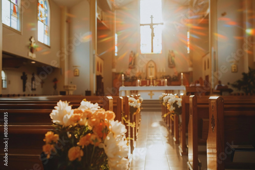 Funeral ceremony in the bright catholic church with flowers with sunlight