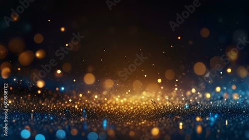 Abstract background of bokeh golden and blue lights far away and shiny particles with black background. Fancy and unique design
