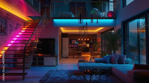 Salon ze schodami i kanapą wypełniony neonami