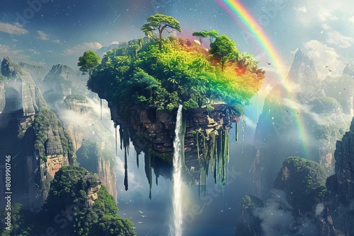 surreal floating island with waterfall and rainbow fantasy landscape