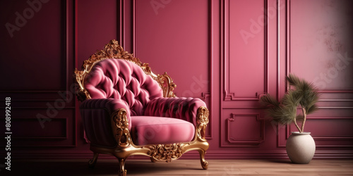 Luxury royal armchair in classic interior. Pink and Golden Chair in vintage style in living room, copy space