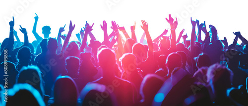 Silhouette of concert crowd with vibrant stage lights isolated on transparent background png