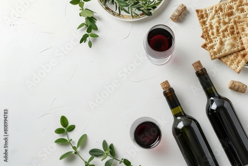 The Jewish holiday Passover banner design features wine, matza, and a seder plate on a white background. Flat lay of the image