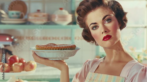 Retro vintage candy coloured 1950s housewife, immaculate but sad and vacant, robotic, offering pie, desperate housewives