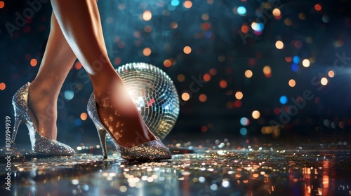 Woman feet in shiny luxury stiletto shoes walking next to silver sparkling disco ball lying on the floor on dark ball stage background with copy space