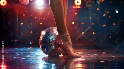Close up view of woman's feet in shiny luxury stiletto shoes standing next to silver sparkling disco ball on dark ball stage background with copy space
