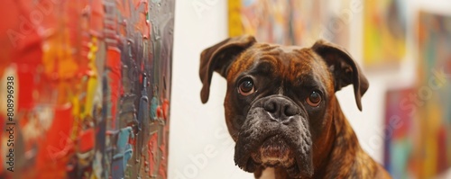 Boxer dog in an art gallery, contemplating modern art, perfect for cultural event or museum promotions.