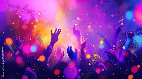 Grupa ludzi w tłumie podnosi ręce w powietrze, biorąc udział w święcie kolorów Holi. Radośnie celebrują wydarzenie, unosząc się w kolorowym pyłku.