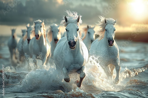 joyful image of a herd of white horses running through the river, water, dynamic angle, 