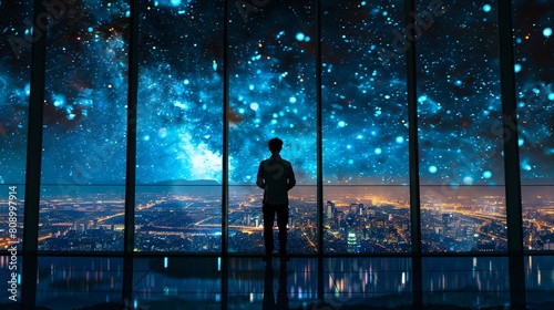 Business thinker at a panoramic window, the city lights below mirroring stars, contemplating corporate strategies.