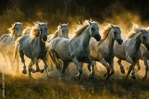 joyful image of a herd of white horses running through the field, dynamic angle, 