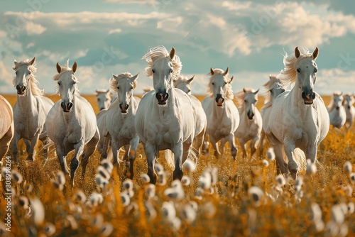 joyful image of a herd of white horses running through the field, dynamic angle, 