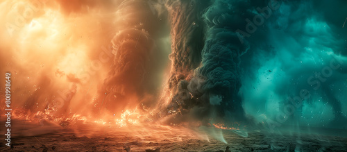 Vivid concept illustration of a cataclysmic event showing planetary devastation with extreme contrasts between fiery and icy forces of nature
