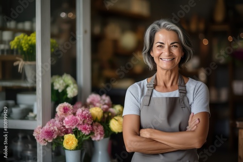 Portrait of happy saleswoman standing in her flower shop. Cheerful mature Caucasian woman is waiting for customers of the flower shop. Standing at the entrance is successful small business owner.
