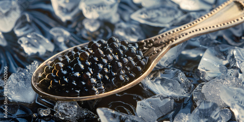 Black sturgeon caviar in a classic silver spoon on a melting ice surface.