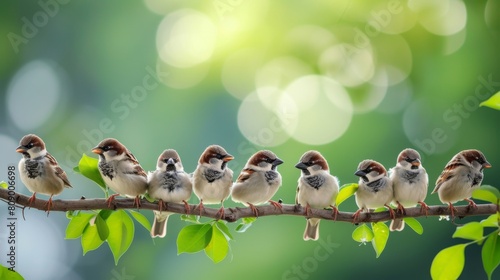 Sparrows lined up on a branch