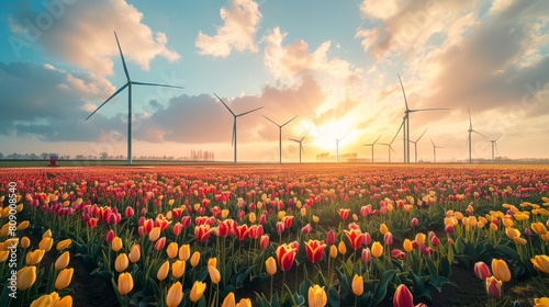 Futuristic eco field of tulips in bloom, surrounded by advanced solar and wind energy technology, combining nature and green energy