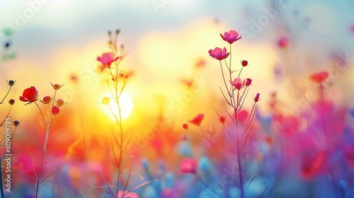 Evening, vibrant pink flowers are in full bloom in field at sunset, floral beauty delicate feminine romantic